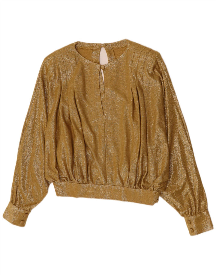 Blusa feminina vintage de manga comprida, top UK 12 médio dourado