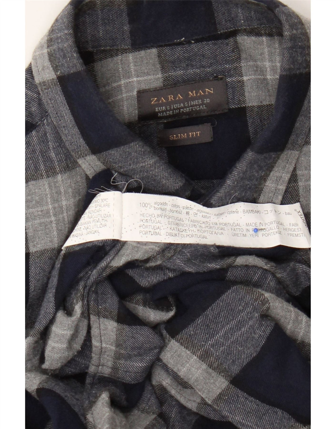 Zara Camisa masculina de flanela slim fit pequena azul marinho xadrez algodão