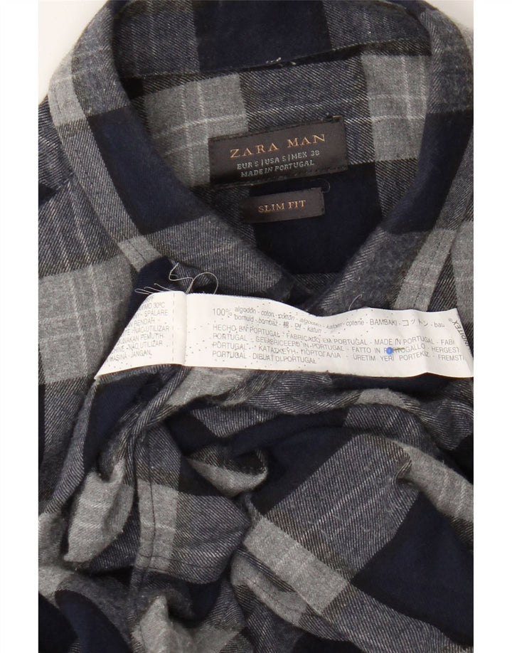Zara Camisa masculina de flanela slim fit pequena azul marinho xadrez algodão