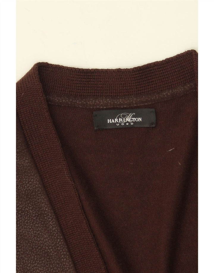 Suéter cardigã masculino vintage lã marrom médio