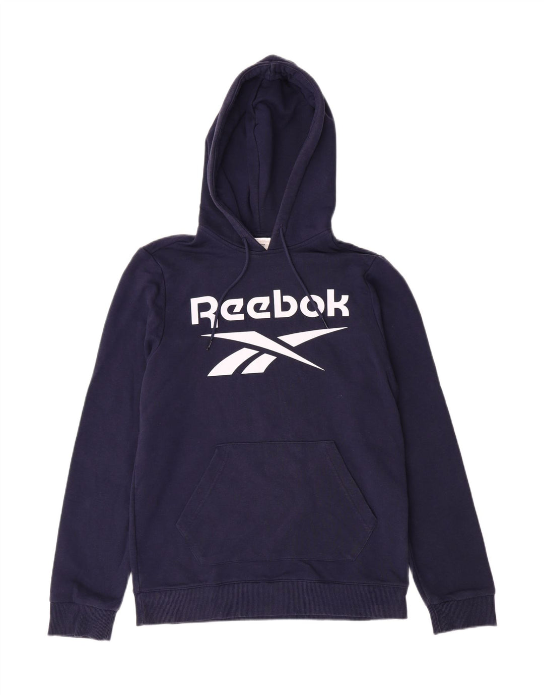 REEBOK Mens Graphic Hoodie Jumper Small Navy Blue Cotton Vintage Reebok and Second-Hand Reebok from Messina Hembry 