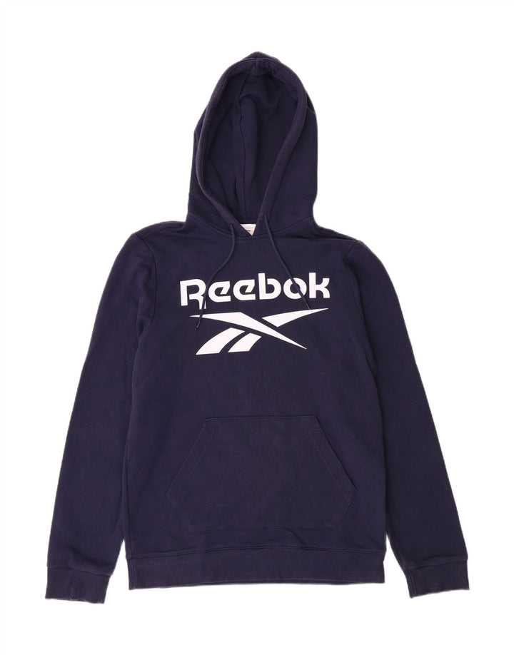 REEBOK Mens Graphic Hoodie Jumper Small Navy Blue Cotton Vintage Reebok and Second-Hand Reebok from Messina Hembry 