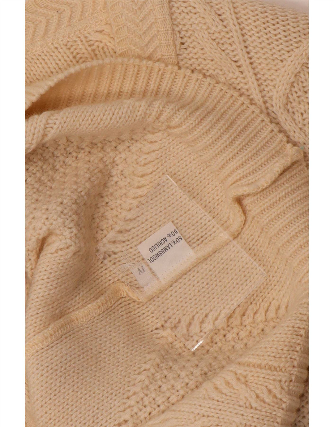 Suéter cardigã feminino vintage Reino Unido 14 lã bege médio