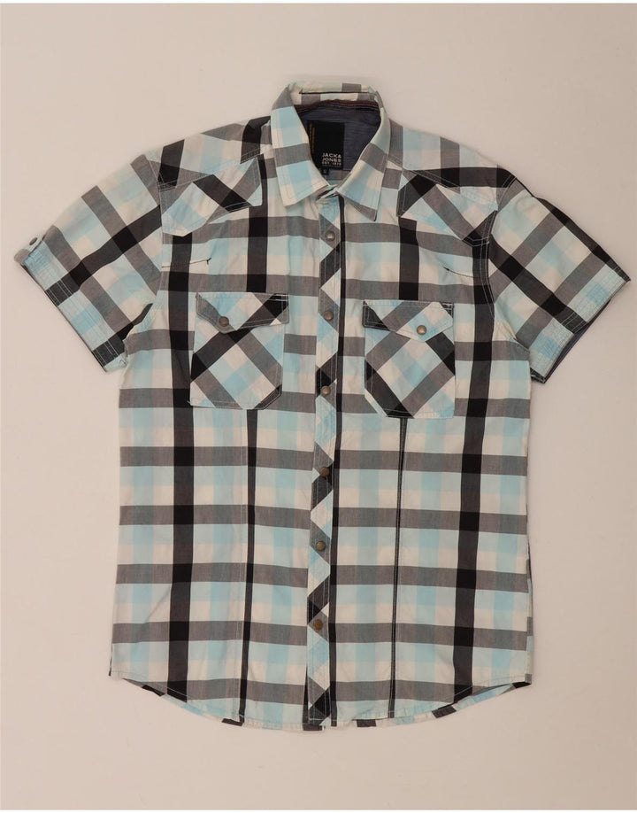 Camisa masculina de manga curta Jack & Jones, algodão xadrez médio turquesa