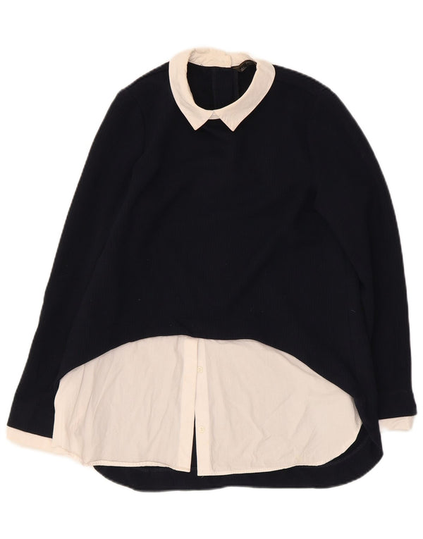 Zara blusa feminina manga comprida top UK 10 pequeno bloco colorido azul marinho