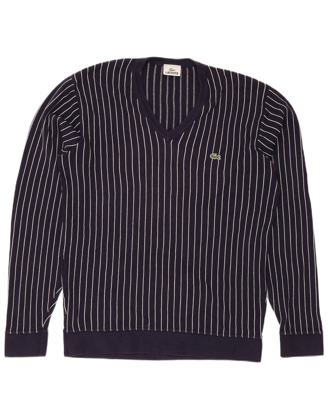 Suéter masculino Lacoste com decote em V tamanho 4 médio azul marinho listrado