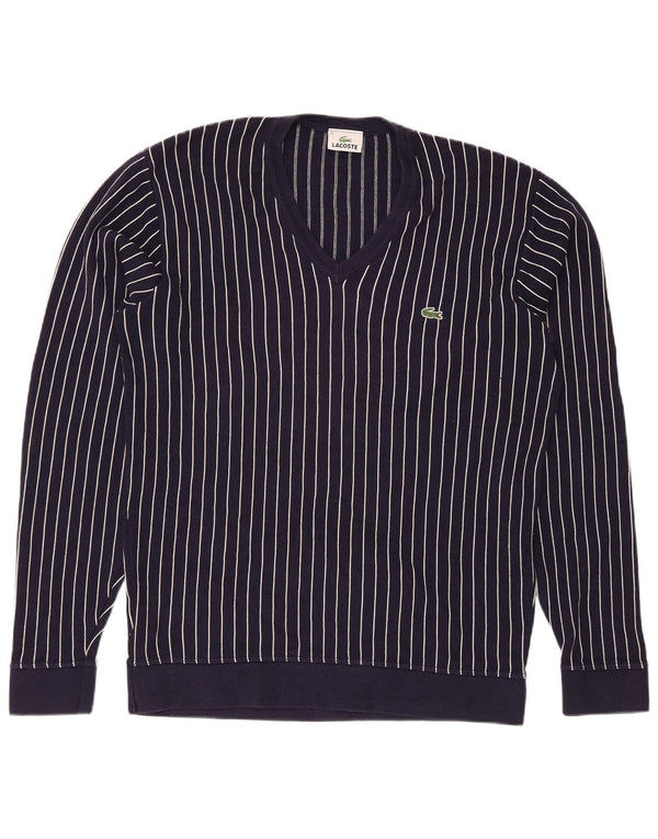 Suéter masculino Lacoste com decote em V tamanho 4 médio azul marinho listrado