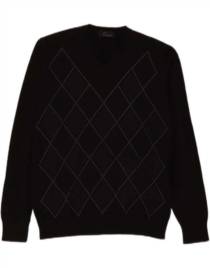 Zara Suéter masculino com decote em V grande preto Argyle/Diamante
