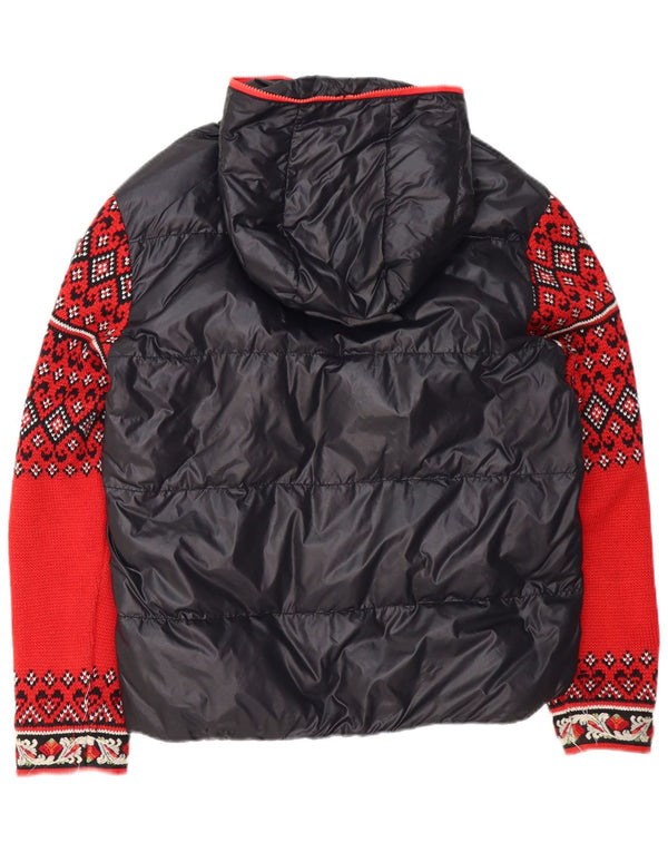 Jaqueta feminina acolchoada com capuz de malha RA-RE UK 16 grande nylon geométrico preto