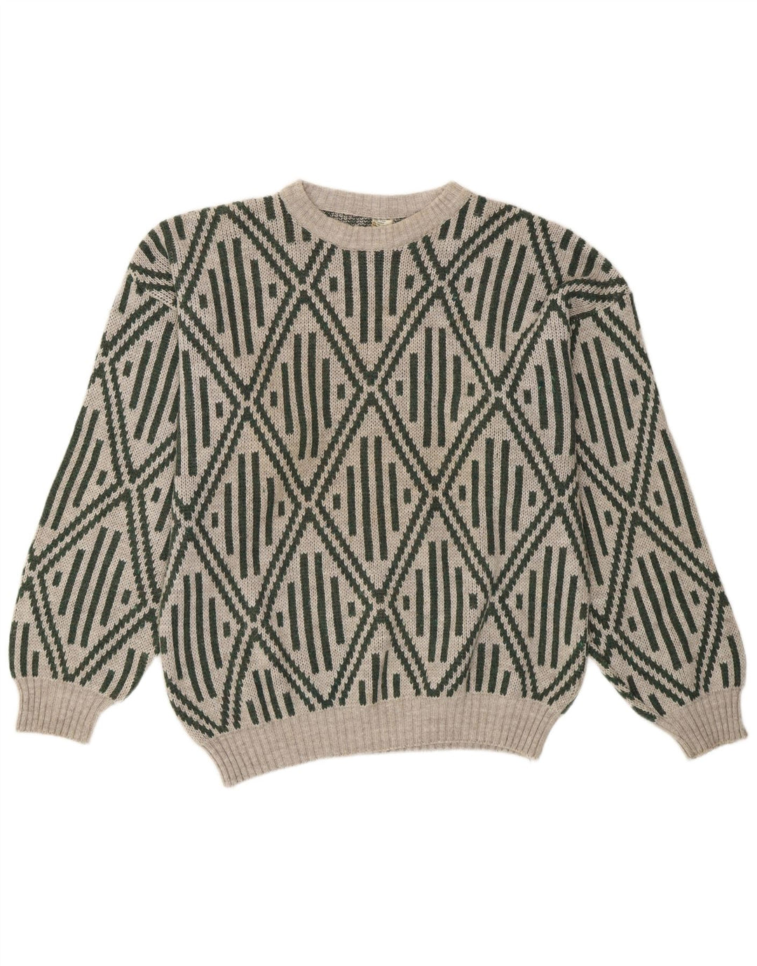 Suéter vintage masculino com gola redonda e acrílico geométrico cinza médio