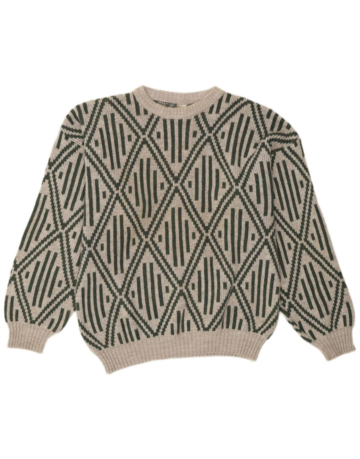 Suéter vintage masculino com gola redonda e acrílico geométrico cinza médio