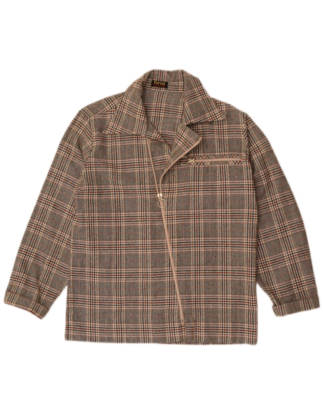 Camisa feminina vintage com zíper completo Reino Unido 16 grande xadrez cinza