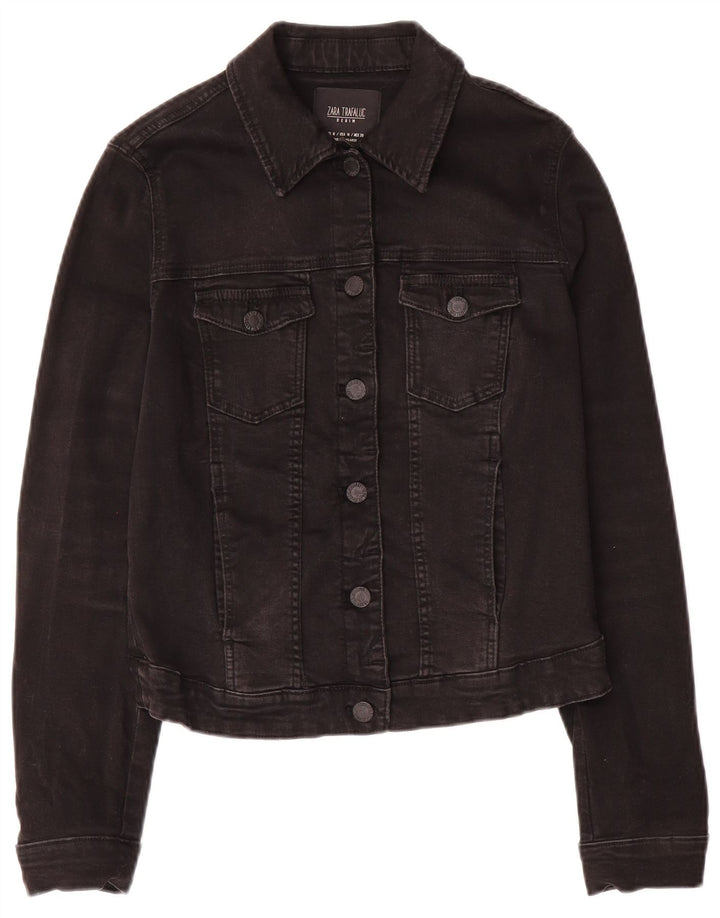 Zara Womens Trafaluc Crop Denim Jacket Reino Unido 12 Médio Algodão Preto