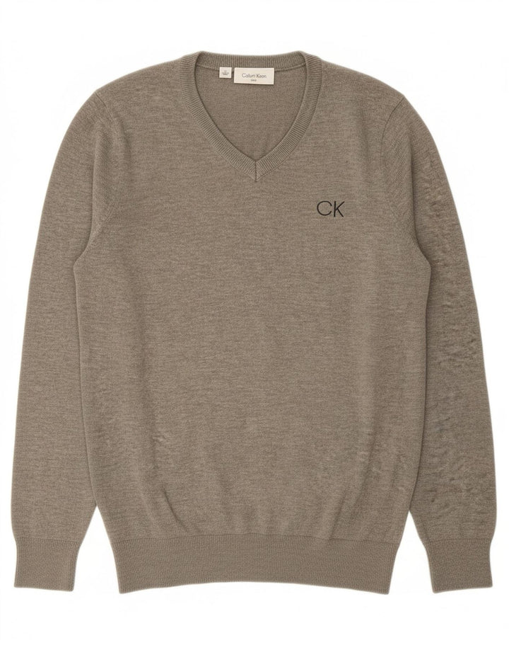 CALVIN KLEIN Suéter masculino Grant Fit com decote em V grande algodão cinza