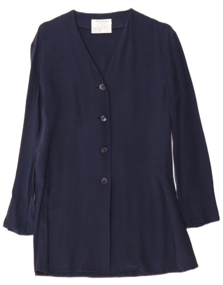 Jaqueta blazer feminina Max Mara com 4 botões Reino Unido 14 seda azul marinho médio