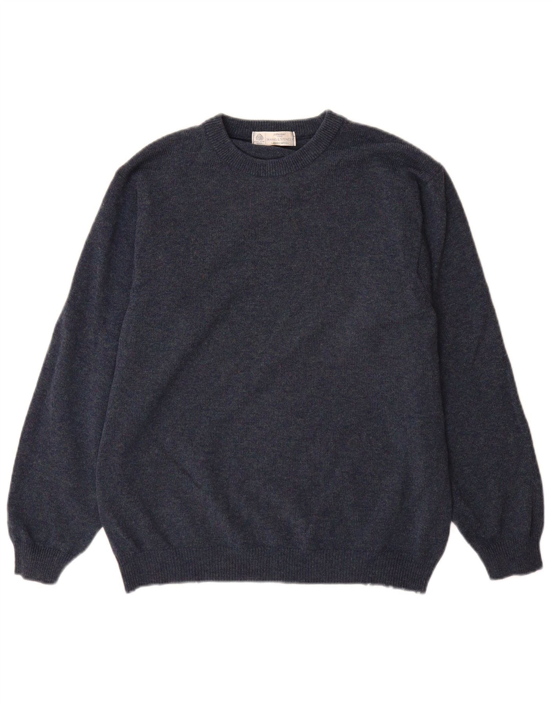 Suéter masculino Marks & Spencer com gola redonda, lã de cordeiro azul médio