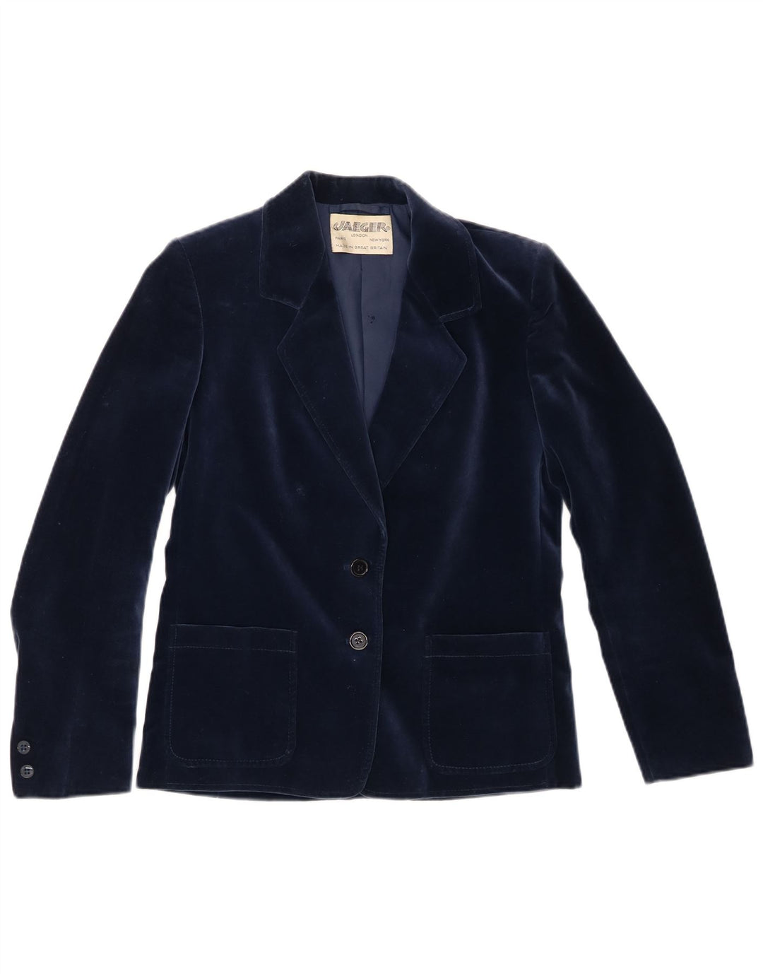 Jaqueta blazer feminina de veludo com 2 botões Jaeger Reino Unido 8 algodão azul marinho pequeno
