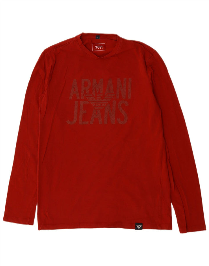 ARMANI JEANS Top gráfico feminino manga comprida Reino Unido 12 algodão vermelho médio