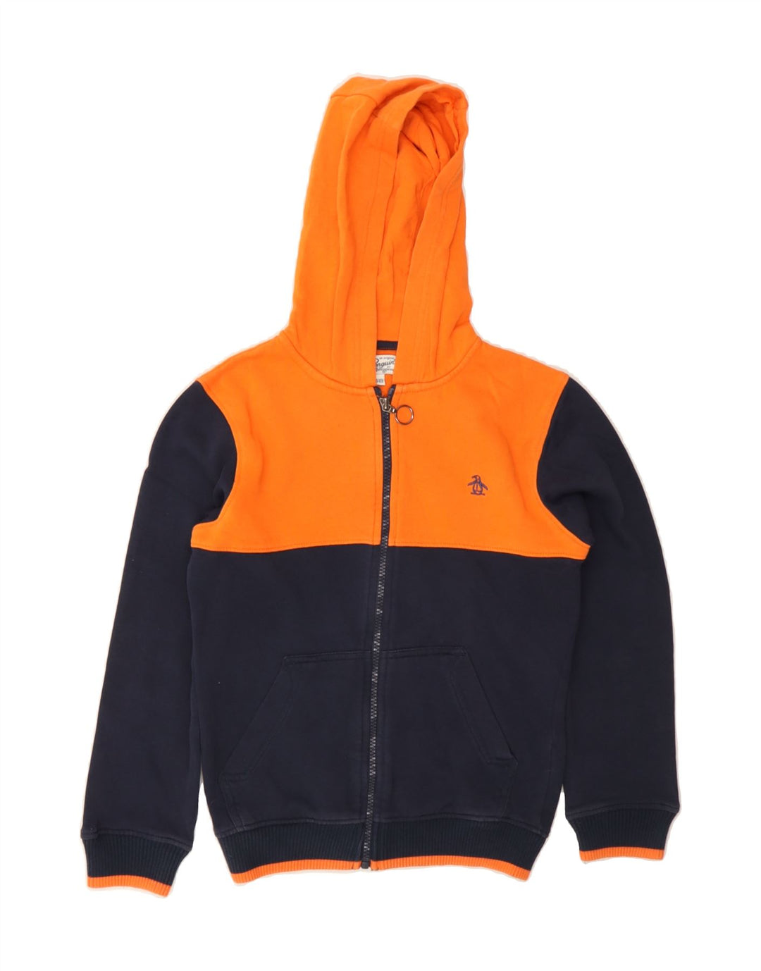 PENGUIN Boys Zip Hoodie Sweater 10-11 Years Navy Blue Colourblock Cotton Vintage Penguin and Second-Hand Penguin from Messina Hembry 