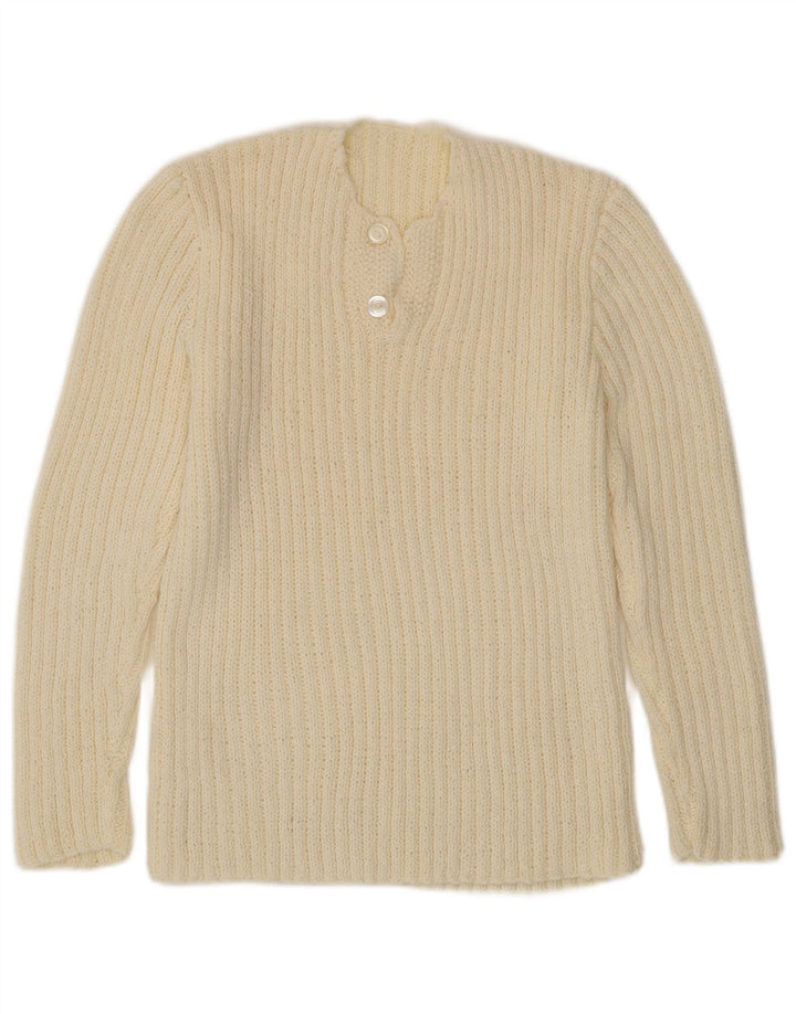 Suéter feminino VINTAGE com gola redonda e botão UK 12 médio off white