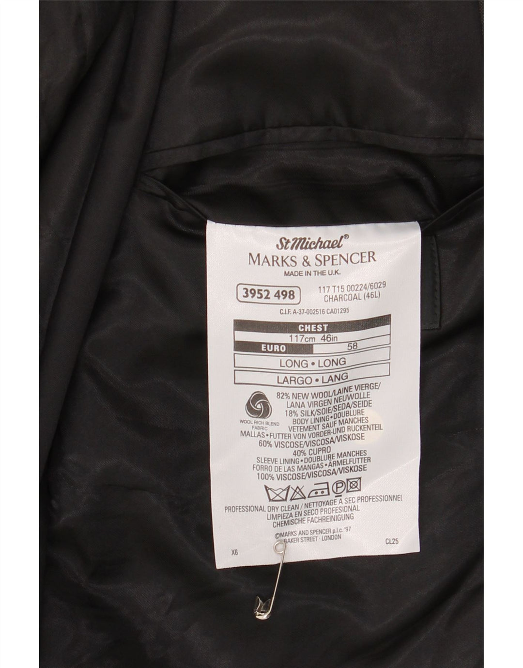 Jaqueta blazer masculina longa de 2 botões Marks & Spencer Reino Unido 46 XL cinza nova lã