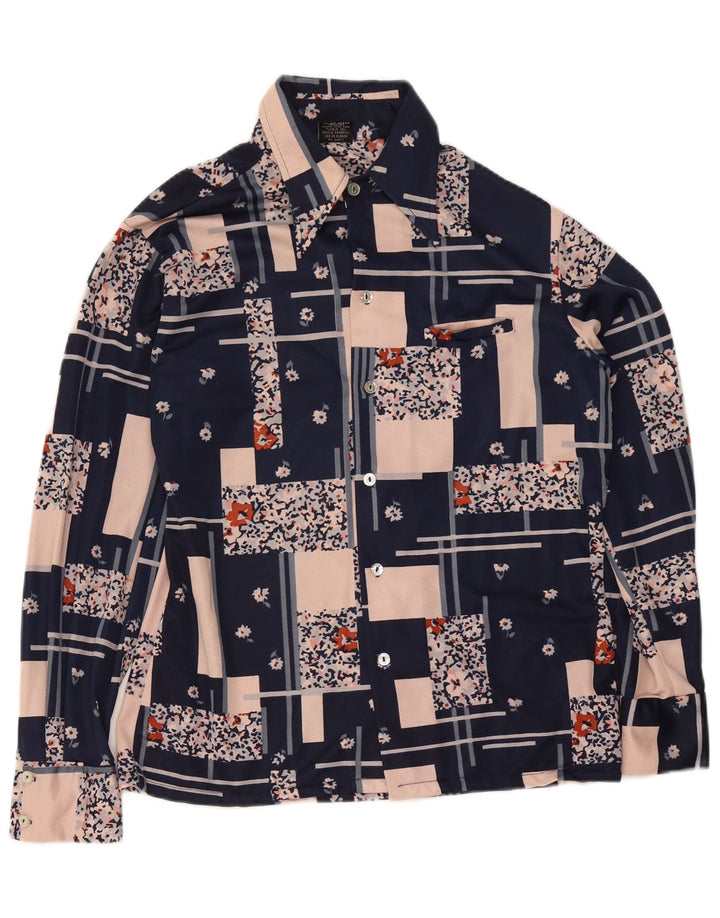 Blusa feminina vintage UK 14 patchwork azul marinho médio