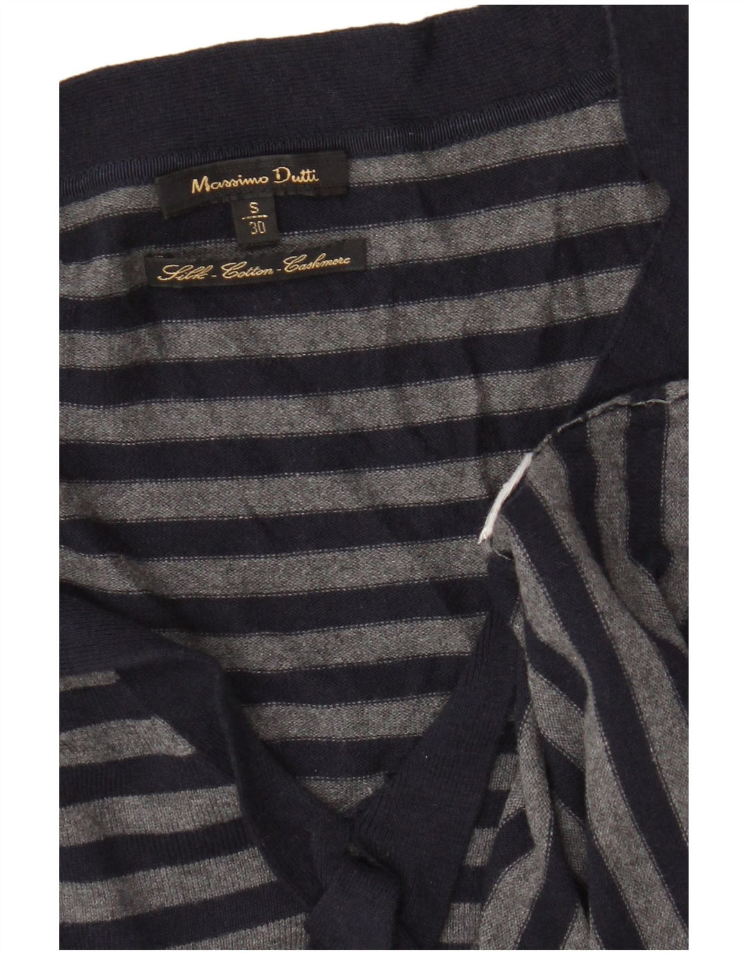 Suéter feminino Massimo Dutti com decote em V Reino Unido 8 pequeno listrado azul marinho