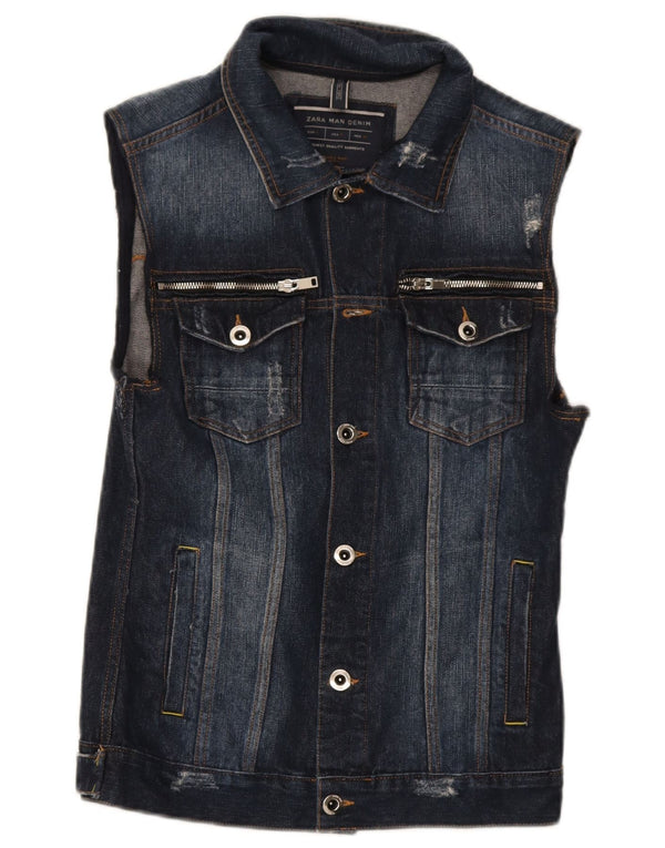 Zara Mens Denim Gilet UK 36 Pequeno Algodão Azul Marinho