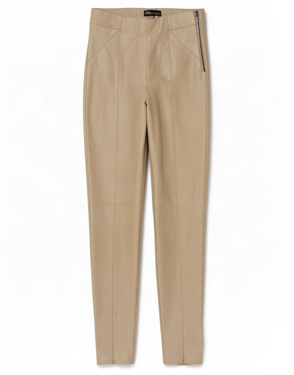 Calça feminina skinny de couro sintético Zara XS W24 L27 poliuretano bege