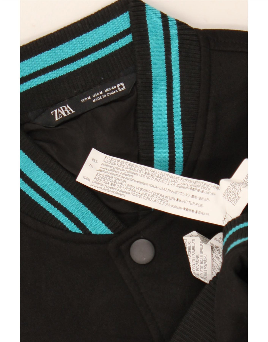 Jaqueta masculina Zara Graphic Varsity UK 38 poliéster preto médio
