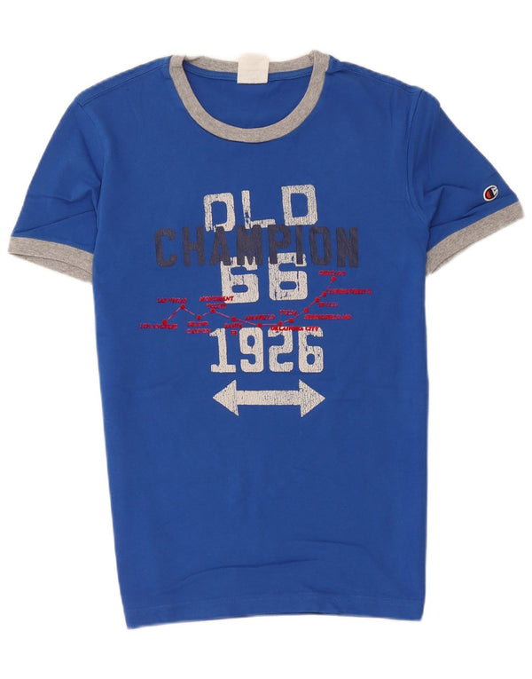 Camiseta masculina com estampa gráfica Champion pequeno bloco colorido azul