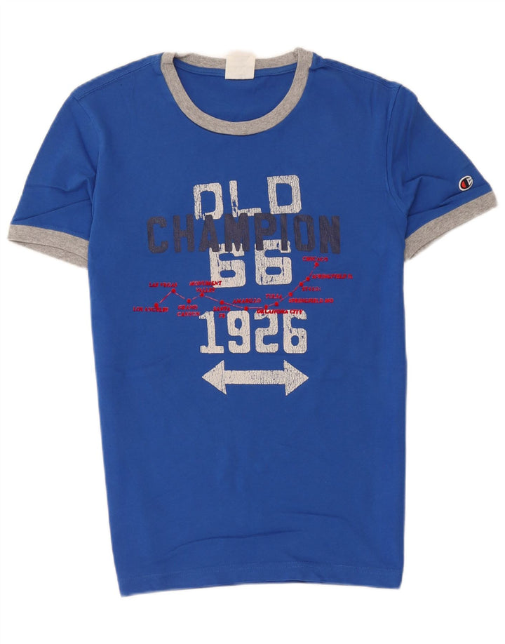 Camiseta masculina com estampa gráfica Champion pequeno bloco colorido azul
