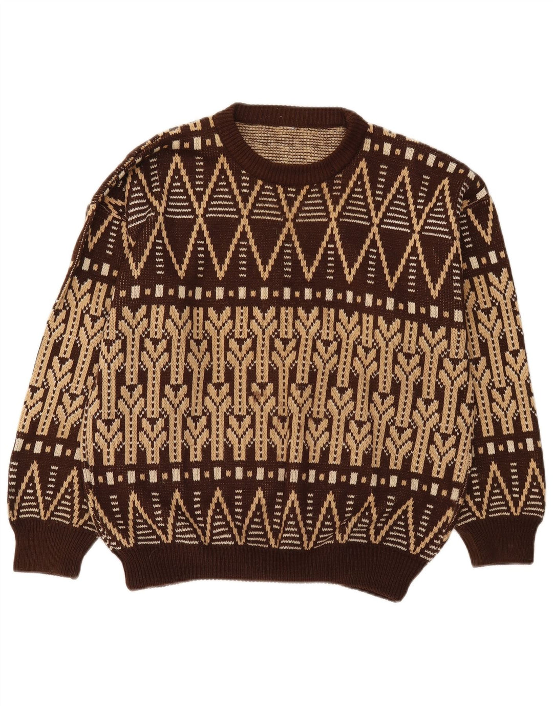 Suéter vintage masculino com gola redonda grande marrom Fair Isle
