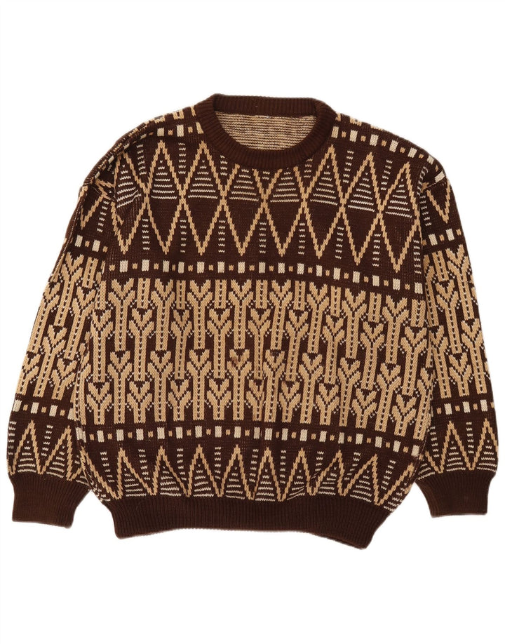 Suéter vintage masculino com gola redonda grande marrom Fair Isle