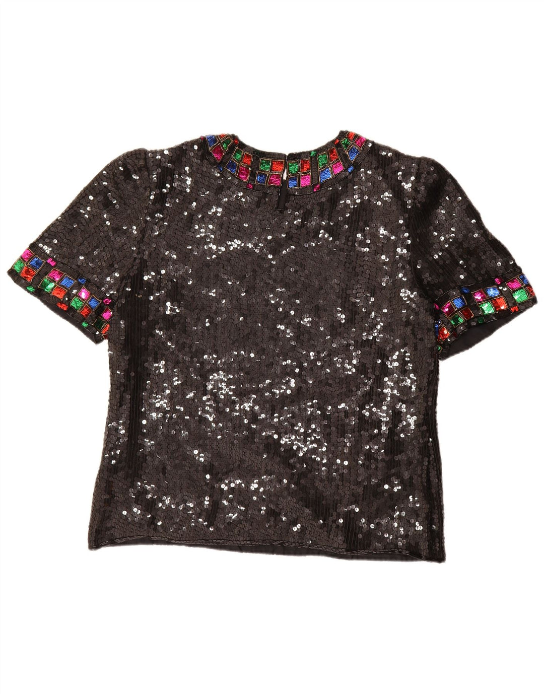 Blusa feminina vintage de lantejoulas UK 16 grande seda preta