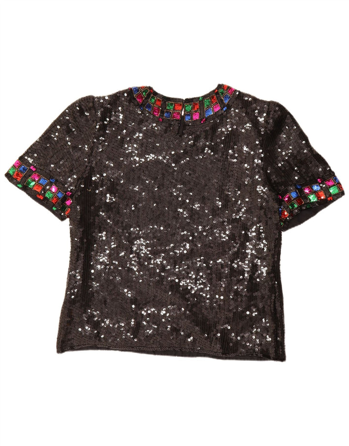 Blusa feminina vintage de lantejoulas UK 16 grande seda preta