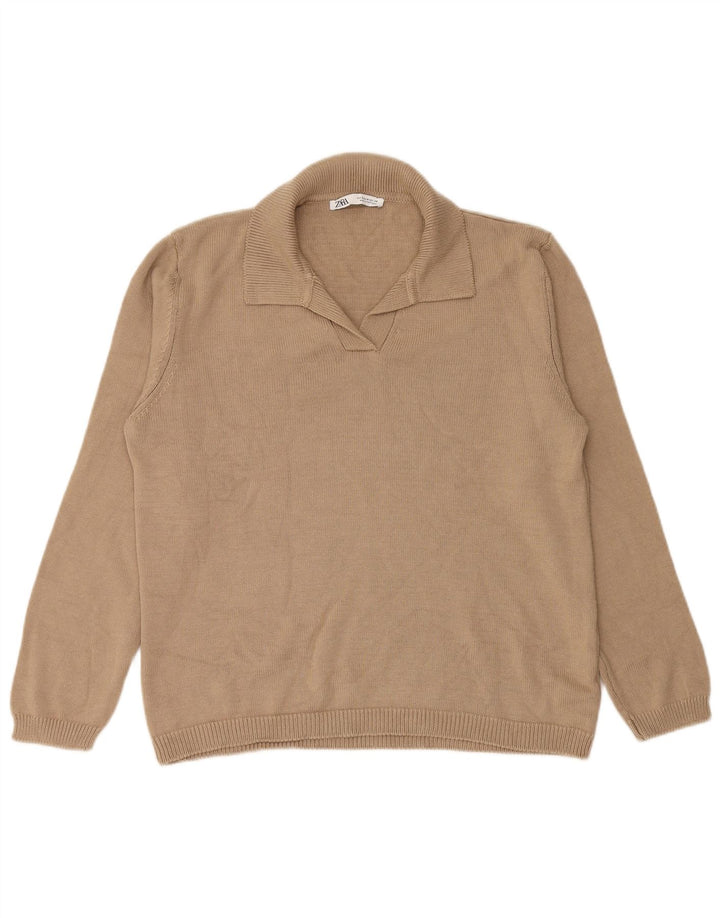 Zara Suéter feminino com gola polo e gola polo UK 14 médio bege