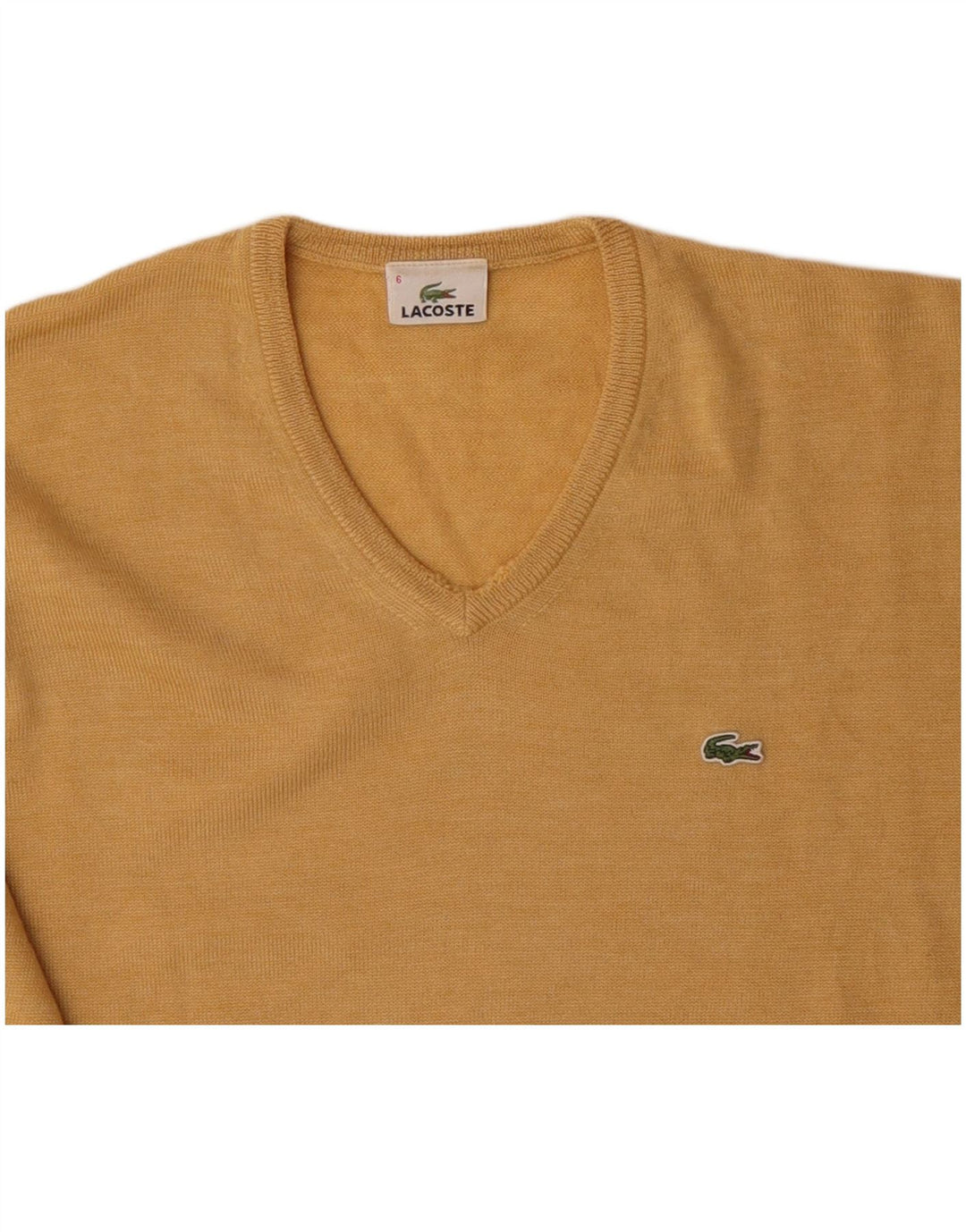 Suéter masculino LACOSTE com decote em V tamanho 6 XL lã virgem amarela