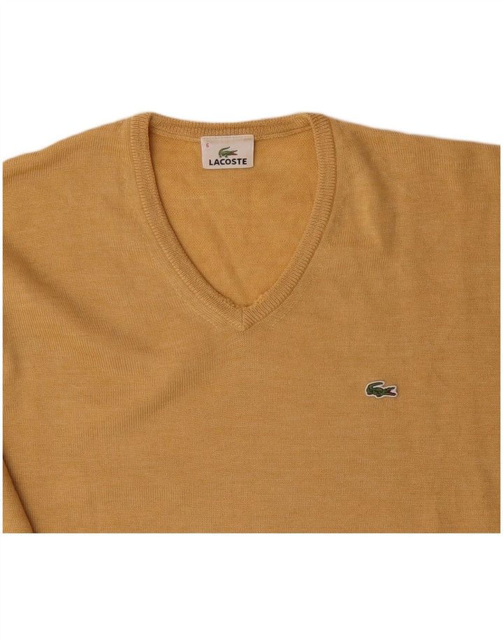 Suéter masculino LACOSTE com decote em V tamanho 6 XL lã virgem amarela