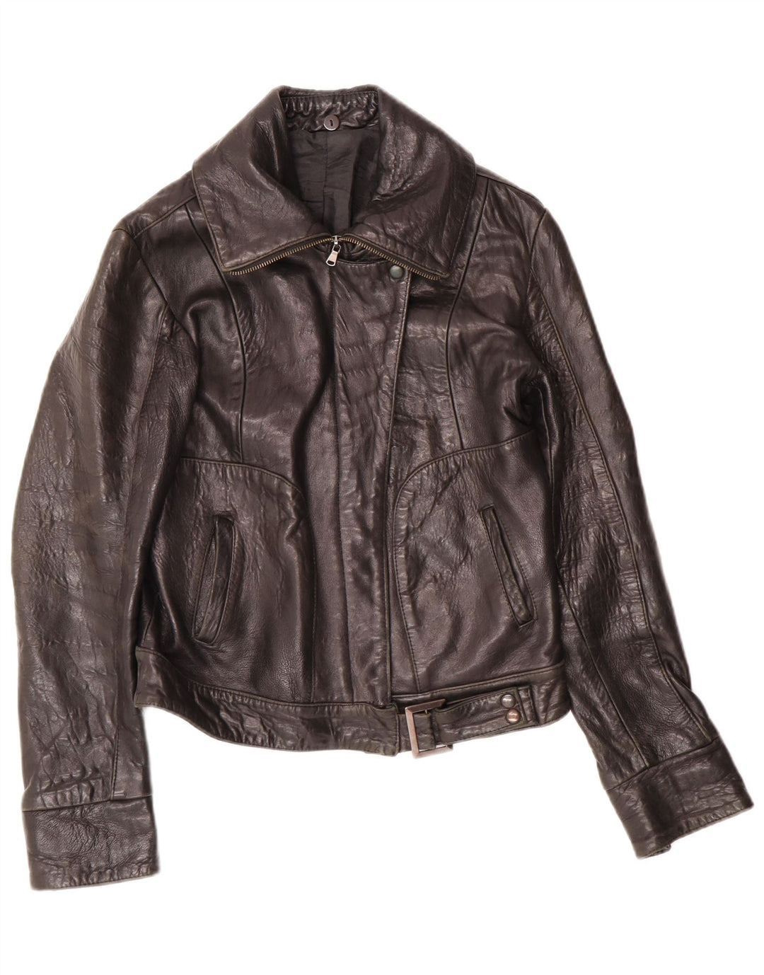 Jaqueta de couro feminina vintage IT 44 motociclista de couro preto médio
