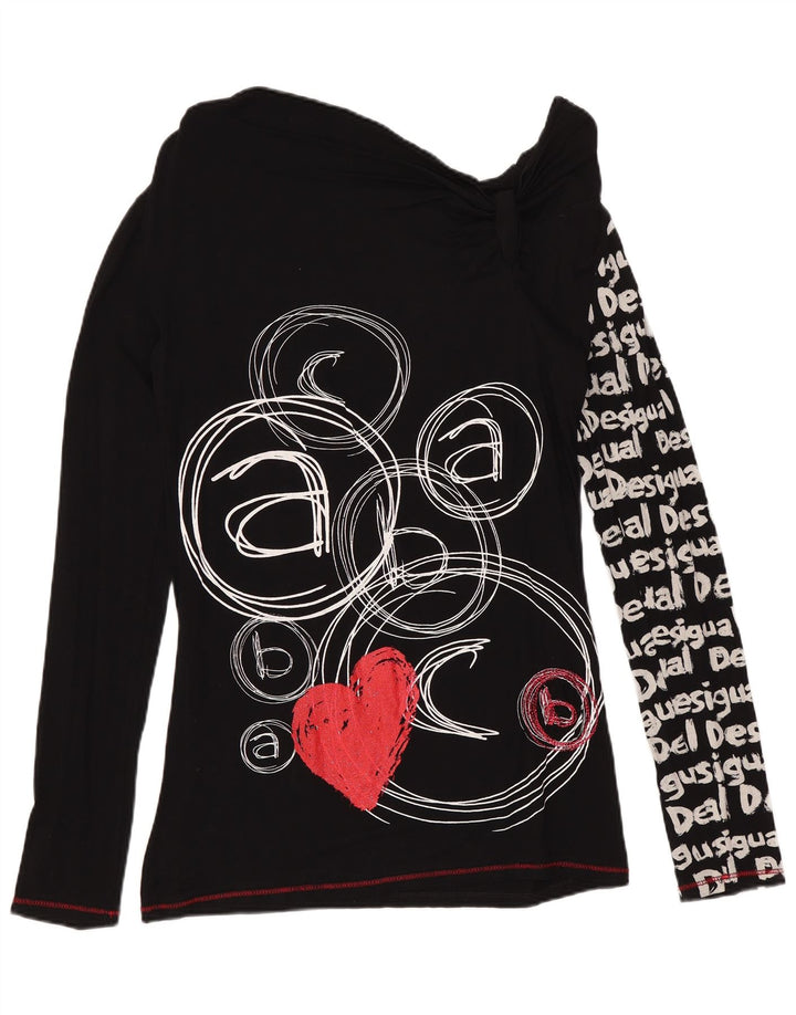 DESIGUAL Womens Off Shoulder Graphic Top Long Sleeve UK 12 Medium Black