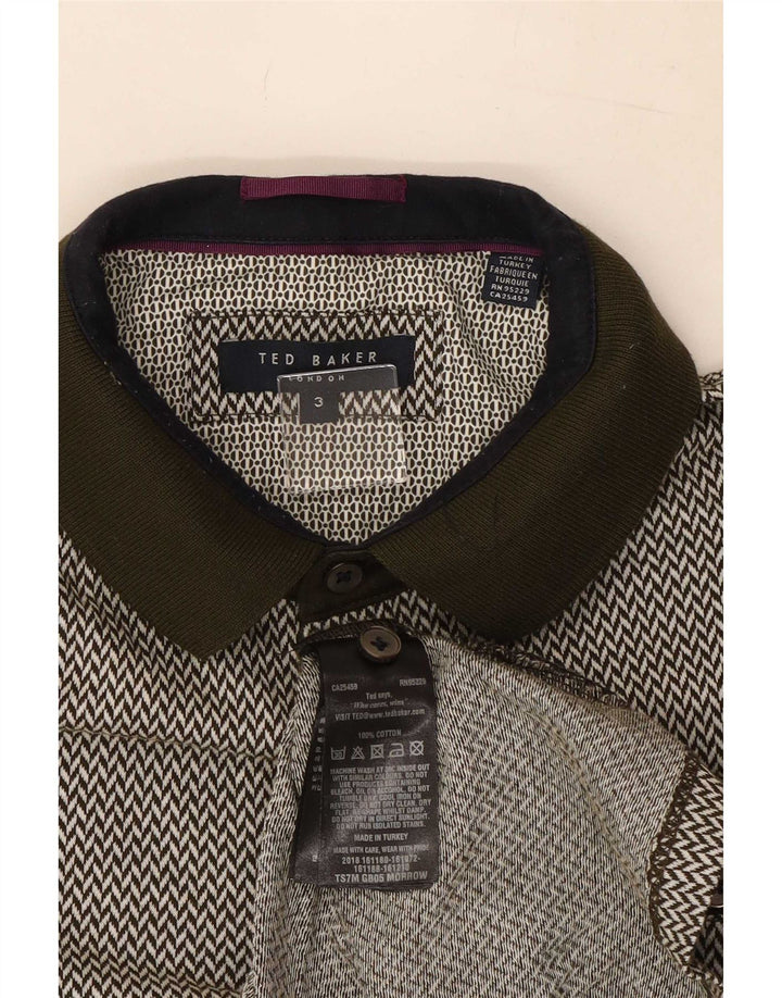 Camisa polo masculina Ted Baker tamanho 3 algodão geométrico cáqui médio