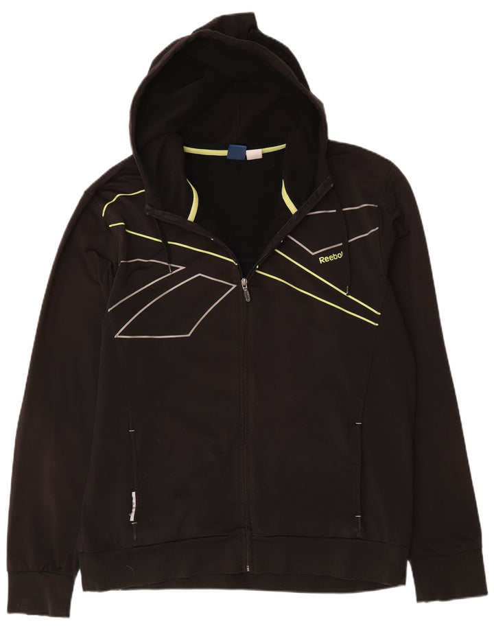 Suéter Reebok masculino com capuz e zíper gráfico grande poliéster listrado preto