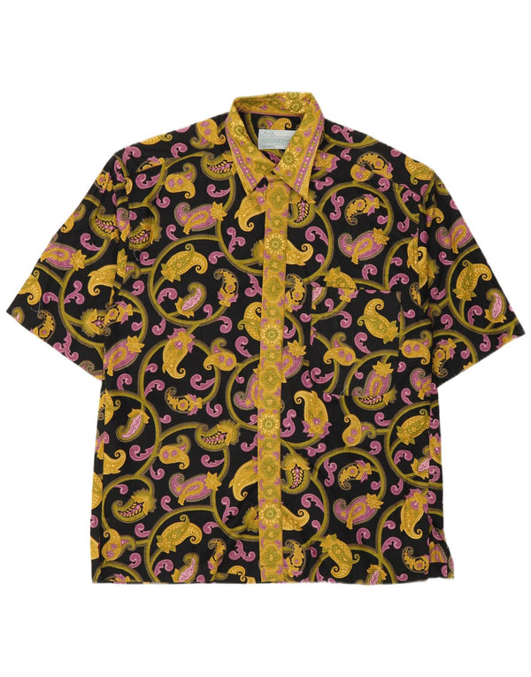 Camisa masculina vintage de manga curta, algodão Paisley preto médio