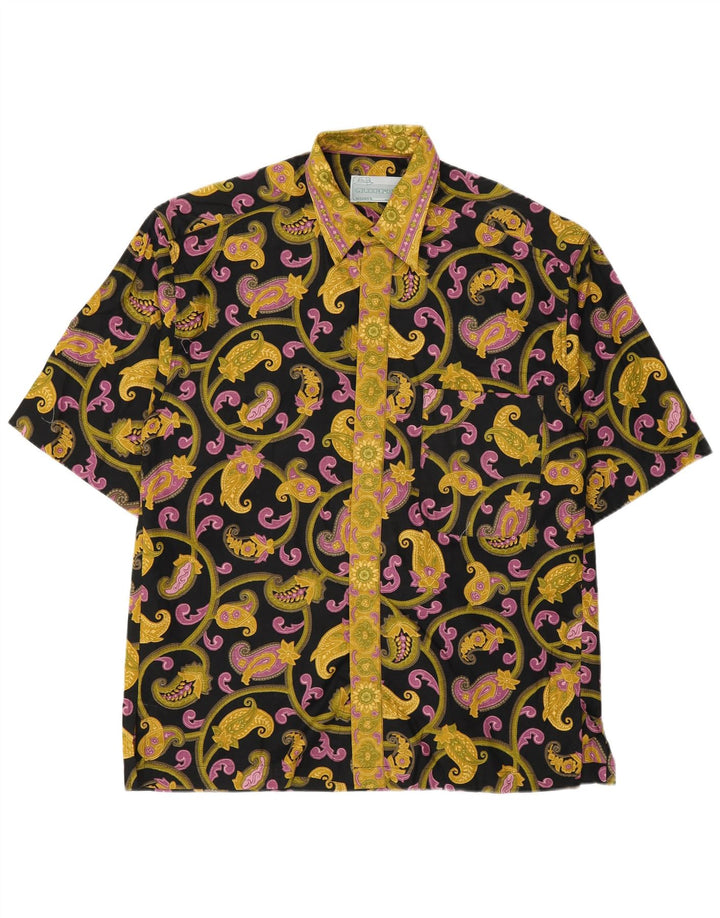 Camisa masculina vintage de manga curta, algodão Paisley preto médio
