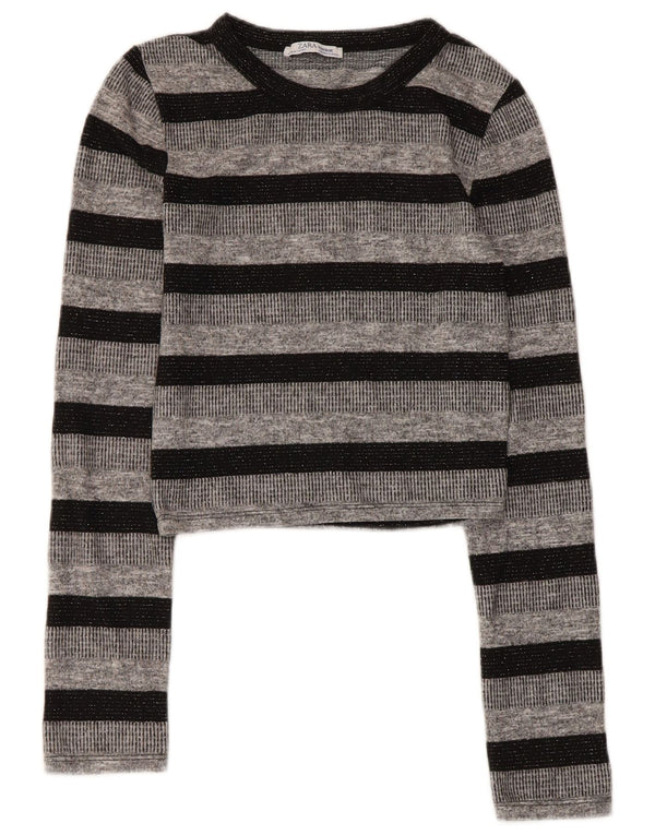 Zara Womens Trafaluc Crop Top Manga Longa Reino Unido 8 Pequeno Poliéster Listrado Cinza