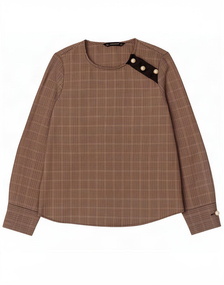 Blusa feminina de manga comprida Zara UK 10 pequena espinha de peixe marrom poliéster