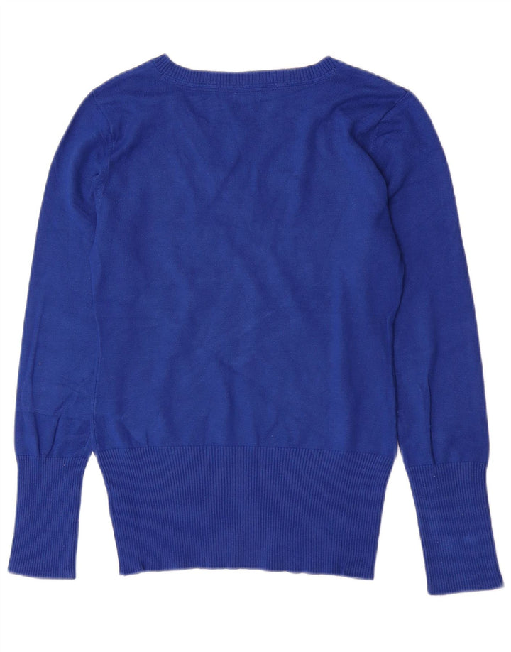 Guess Suéter feminino gráfico com decote em V Reino Unido 8 pequeno rayon azul