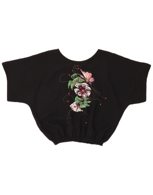 Blusa cropped feminina vintage UK 14 médio preto floral