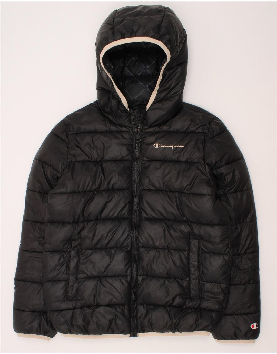 CHAMPION Girls Hooded Padded Jacket 11-12 Years Black Polyester Vintage Champion and Second-Hand Champion from Messina Hembry 